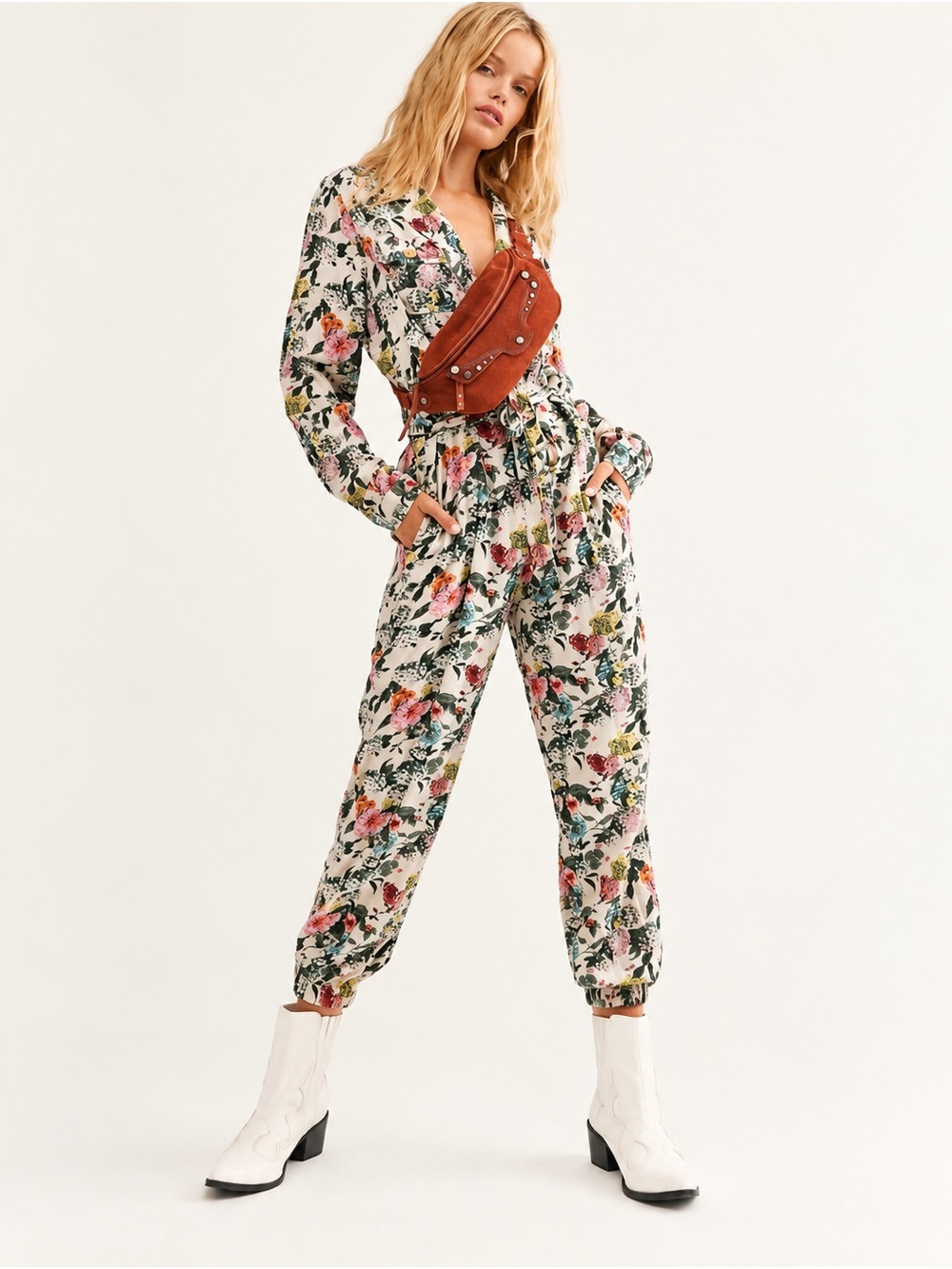 Free People Sierra Floral Jumpsuit XS Belted Pockets Boho Utility Long Sleeve